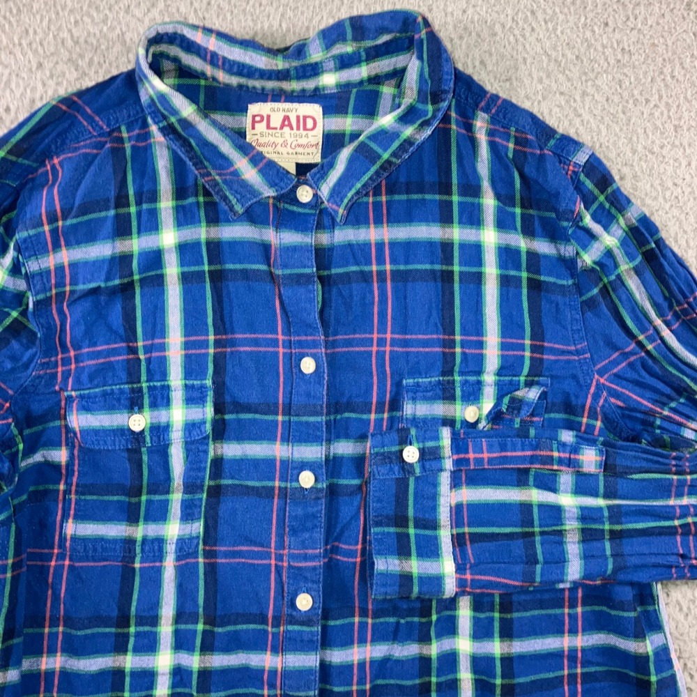 Old Navy Plaid Button Up Shirt Women L Blue Pink Long Sleeve Cotton Blend